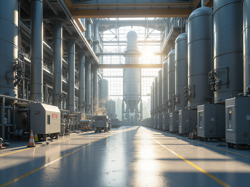 Manufacturing factory with rooftop solar installation and energy management systems, industrial complex, modern facility