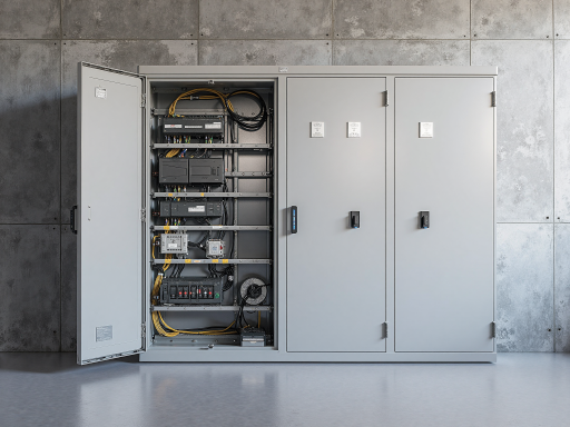 High voltage energy storage stack system with modular design, industrial setting, multiple battery units connected