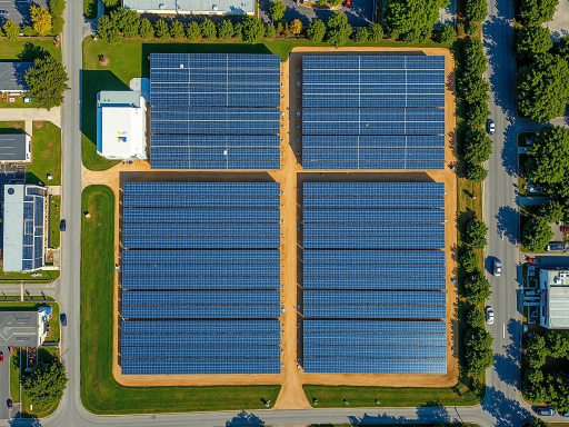 Island community with renewable energy infrastructure including solar panels, wind turbines, battery storage, tropical coastal environment