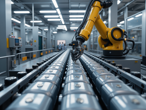 Modern manufacturing facility with automated production lines, industrial robots, quality control stations, clean factory environment