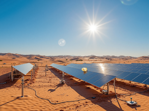 Mining site with comprehensive energy infrastructure including solar panels, battery storage, diesel generators, heavy industrial equipment, remote location